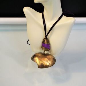 Oversized Brass Heart Wire Wrapped Purple Stone Statement Necklace Signed VTG